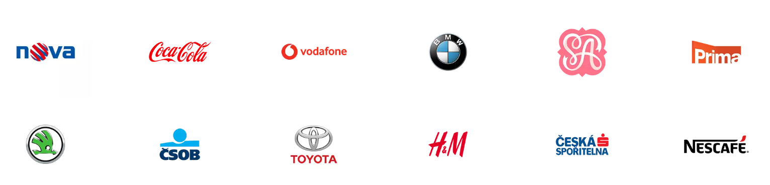 Loga partnerů – Nova, Coca-Cola, Vodafone, BMW, Škoda, ČSOB, Toyota, H&M, Česká spořitelna, Nescafé